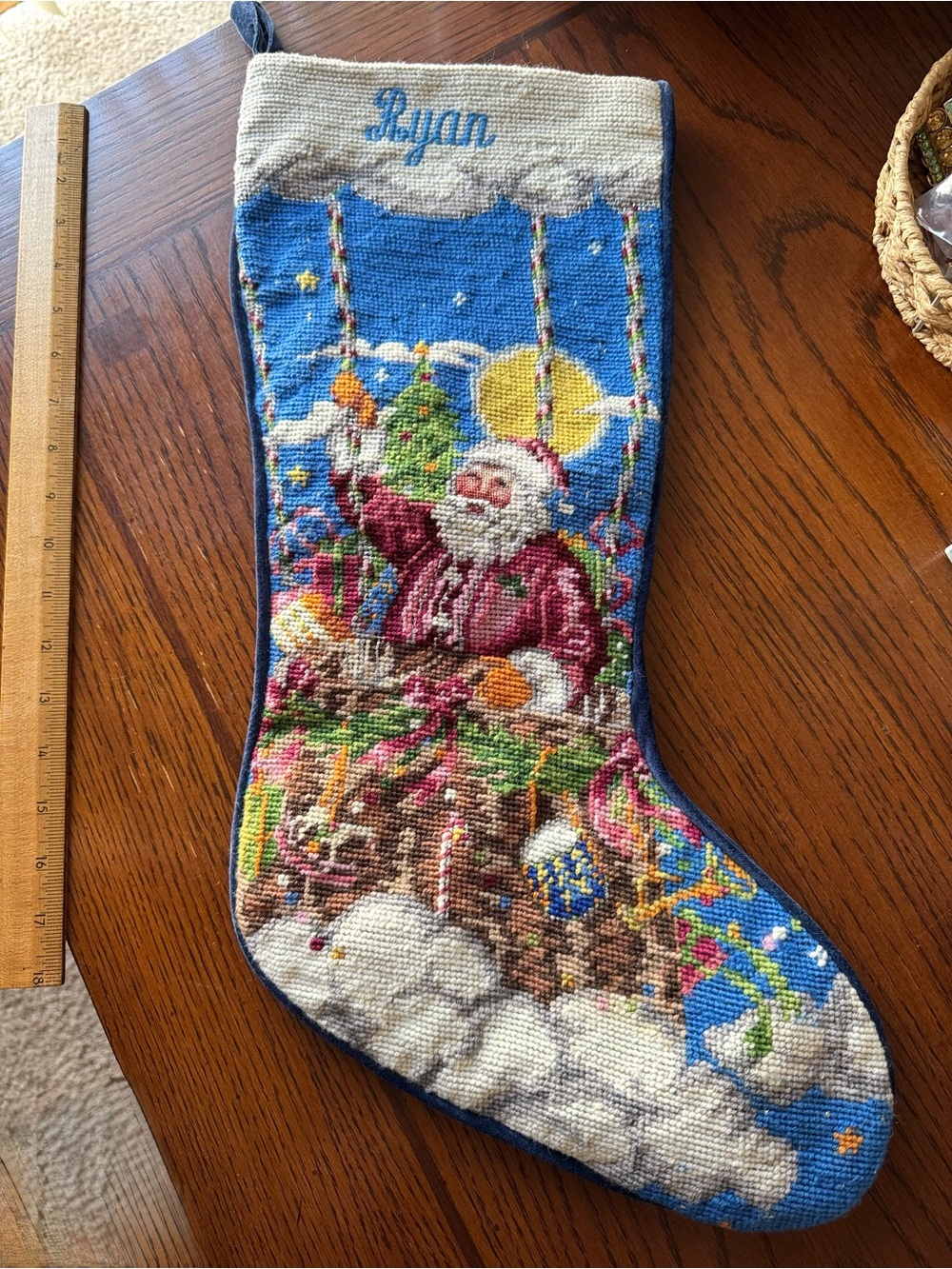 RYAN Sferra Needlepoint Christmas Stocking 23" Long Sparkle Santa Scene Large